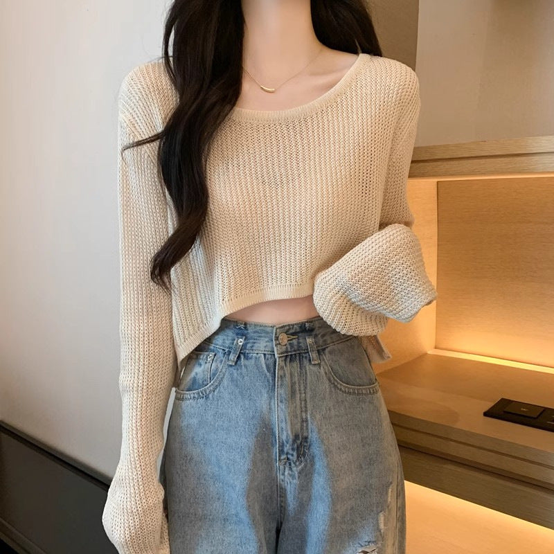 Damen Cropped Pullover Feines Muster Lässig Schwarz - Eveloria