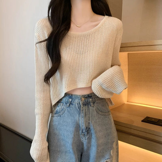 Damen Cropped Pullover Feines Muster Lässig Schwarz - Eveloria