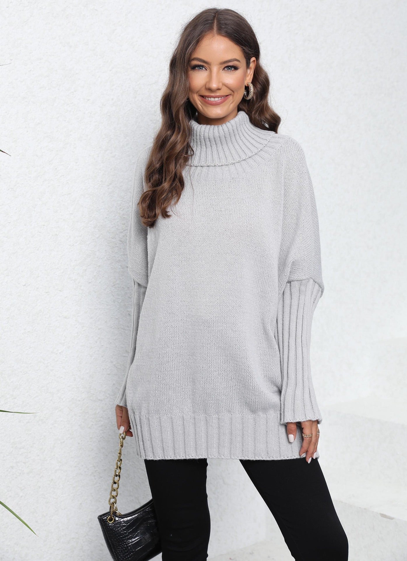 Damen Oversized Strickpullover Hochkragen Voluminöse Ärmel