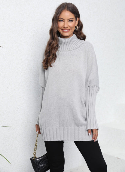 Damen Oversized Strickpullover Hochkragen Voluminöse Ärmel