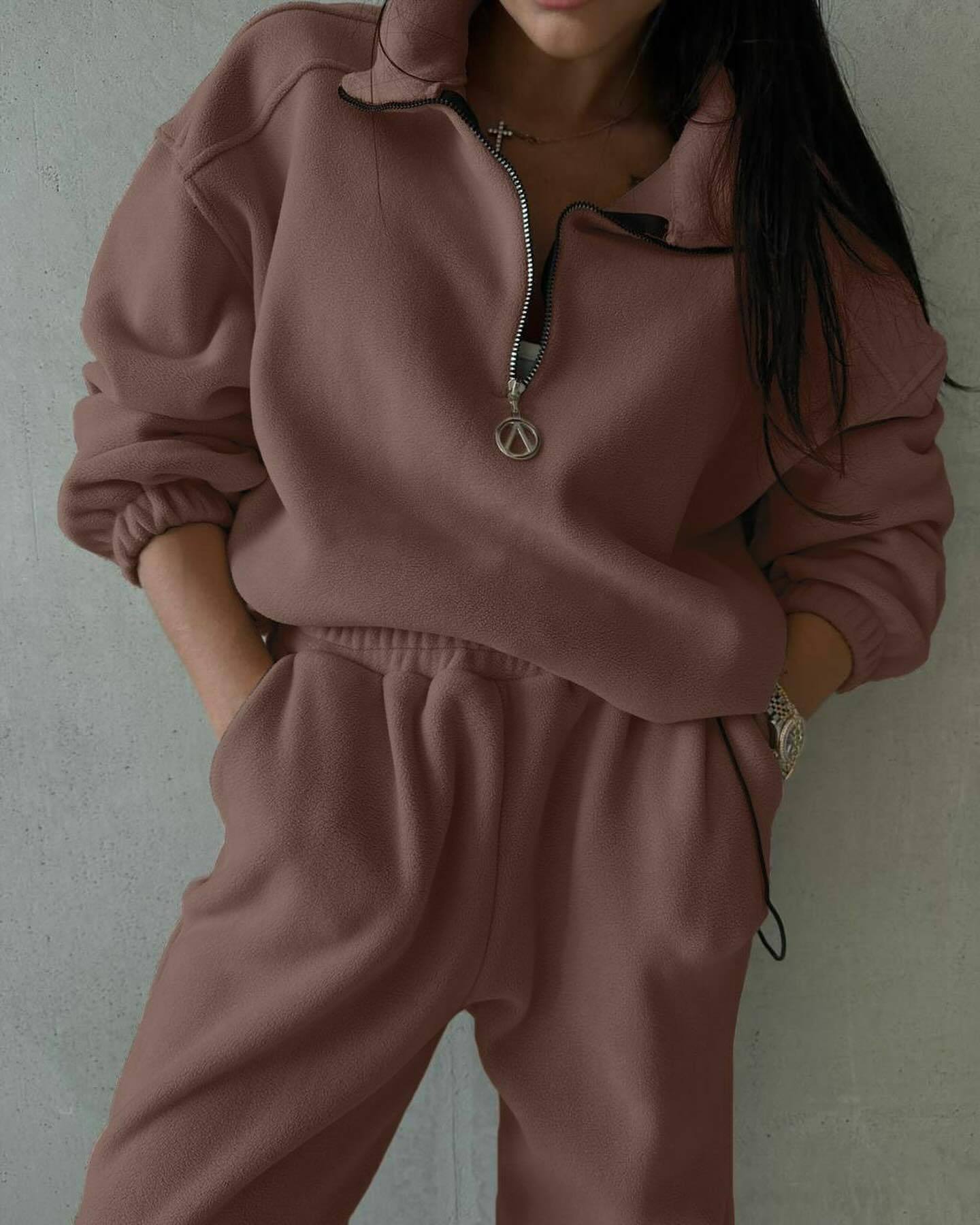 Damen Fleece-Loungewear-Set Elastisch Halbzippverschluss Grau