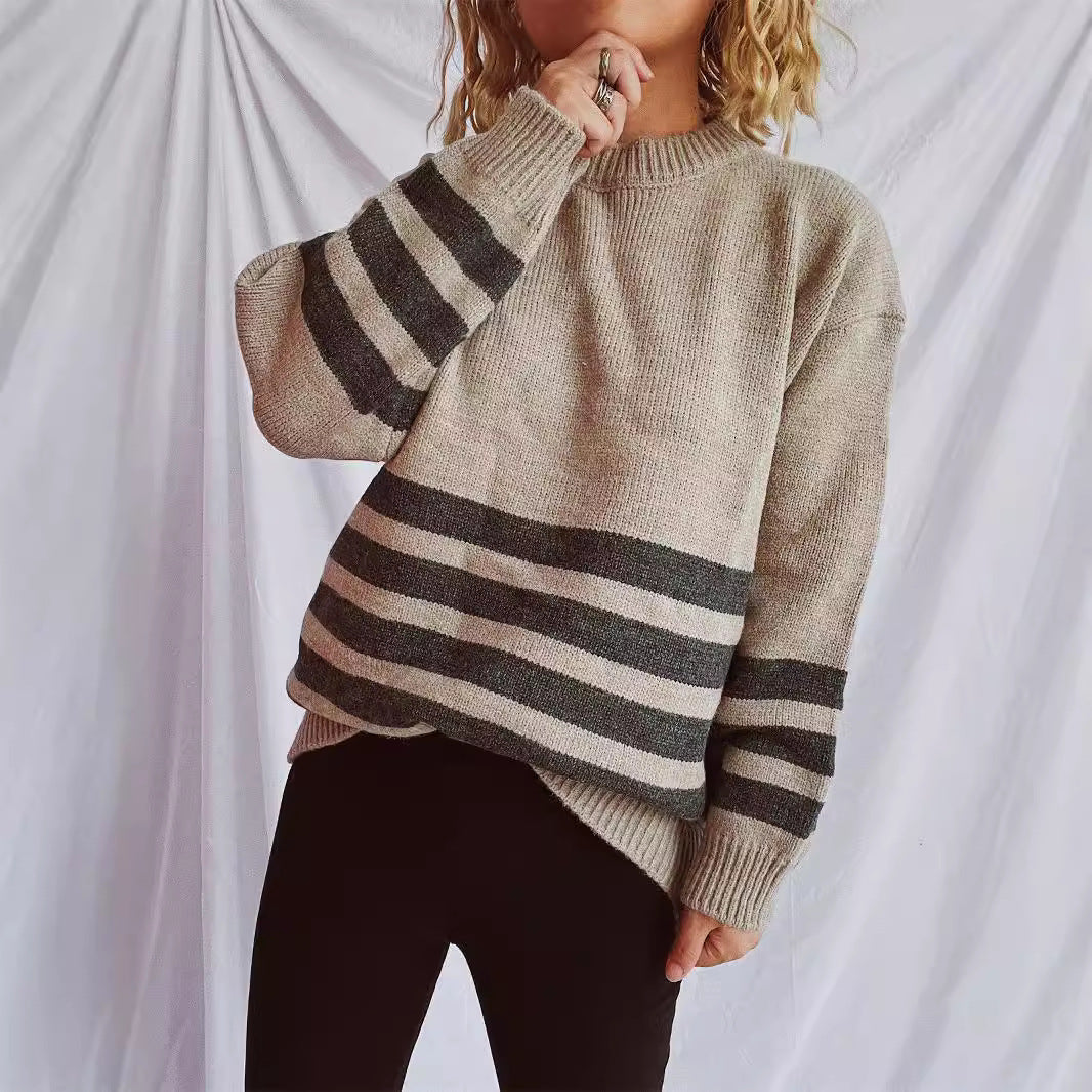 Damen Strickpullover Breites Streifenmuster Eveloria