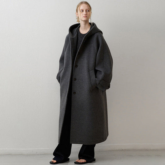 Damen Wollmantel Oversized mit Kapuze und Taschen Schwarz Eveloria - Eveloria