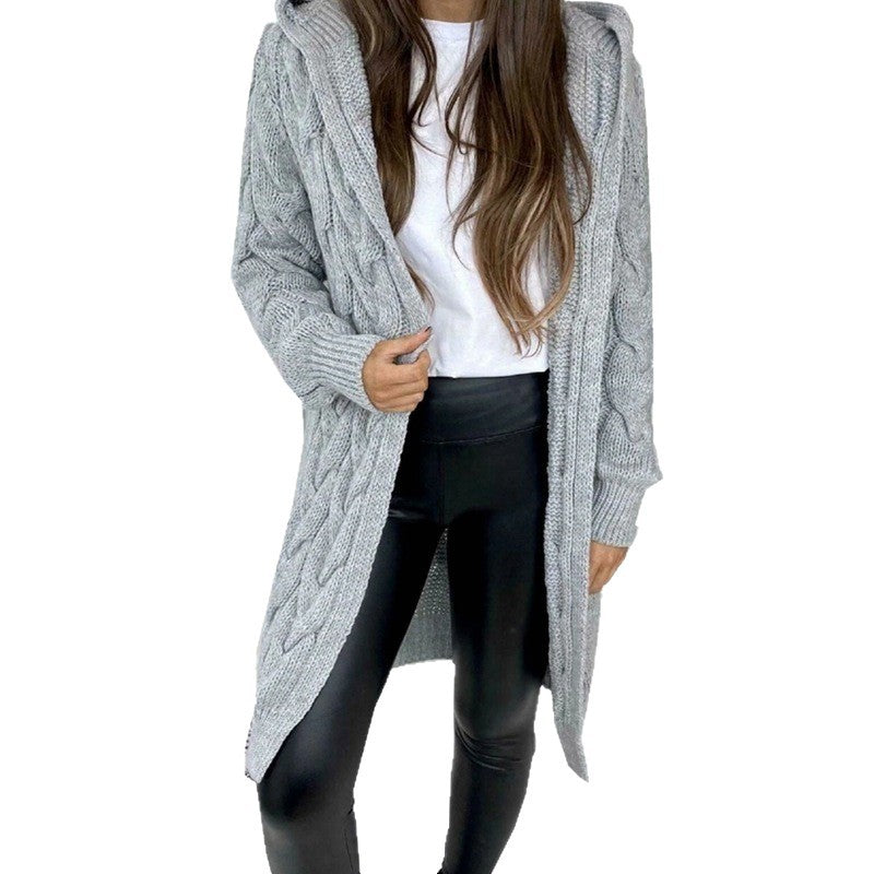 Damen Strickmantel mit Kapuze Kabelmuster Beige