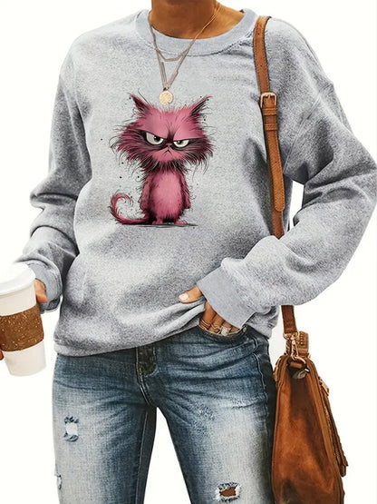 Damen Sweatshirt Katzenmotiv Eveloria Weiss