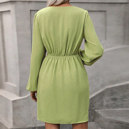 Damen Wickelkleid V-Ausschnitt Puffärmel Elegantes Design