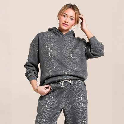 Damen Hoodie Jogginghose Set Baumwolle Bequem Grau