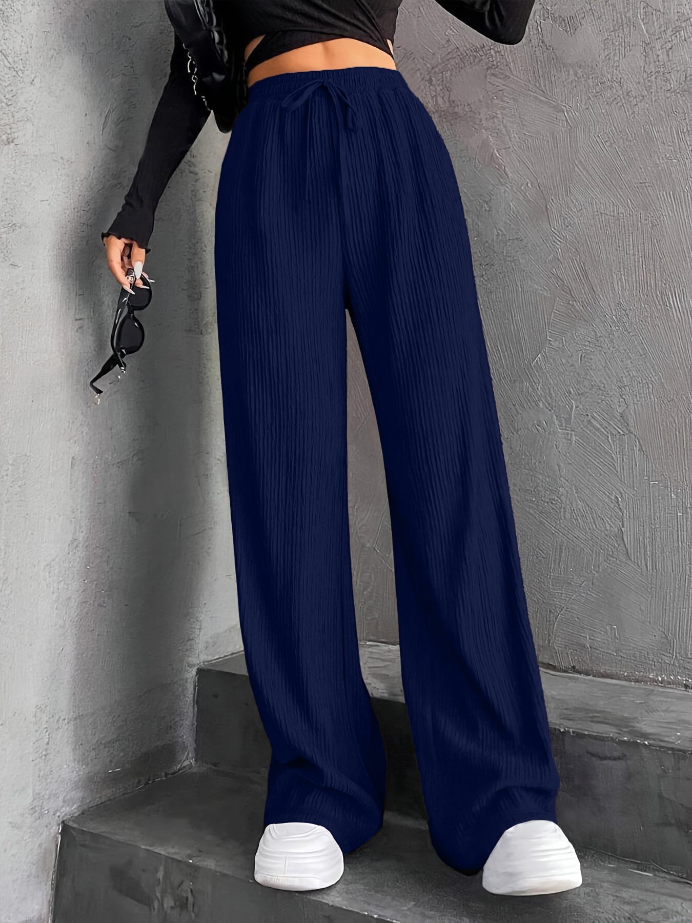 Damen Plissee-Hose Weit mit elastischem Bund und Taschen