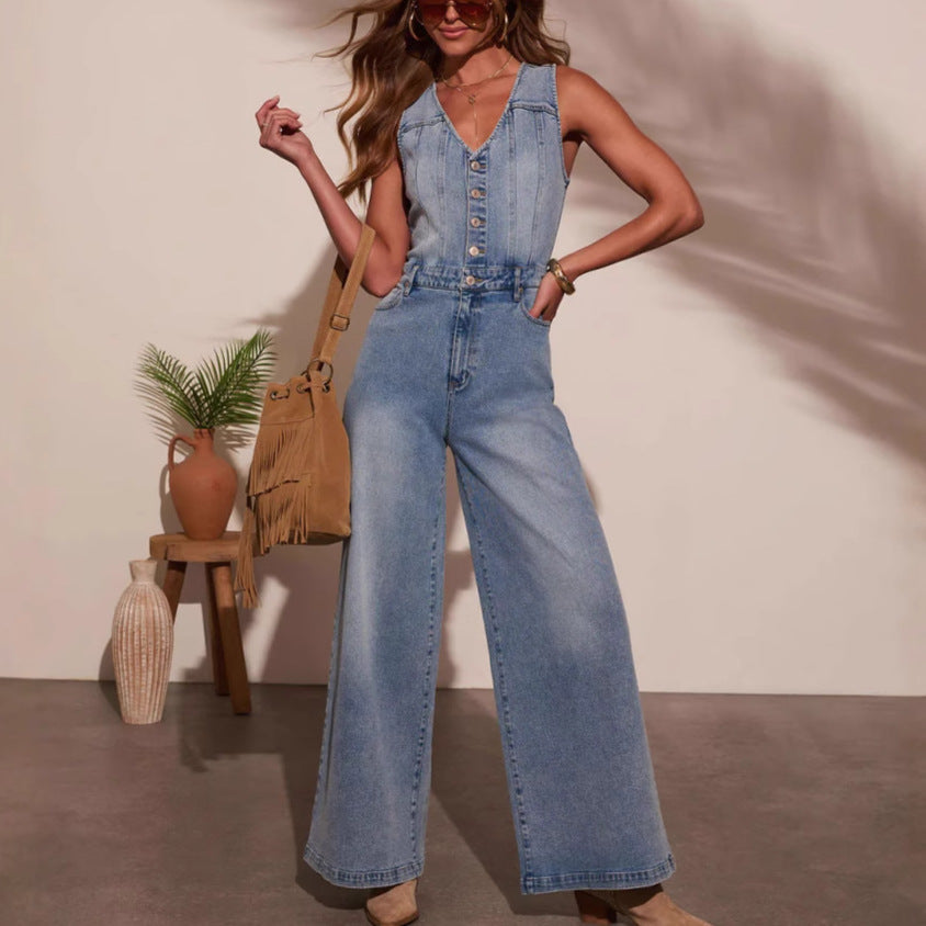Damen Denim-Jumpsuit Hochbund Mit Knöpfen Blau - Eveloria