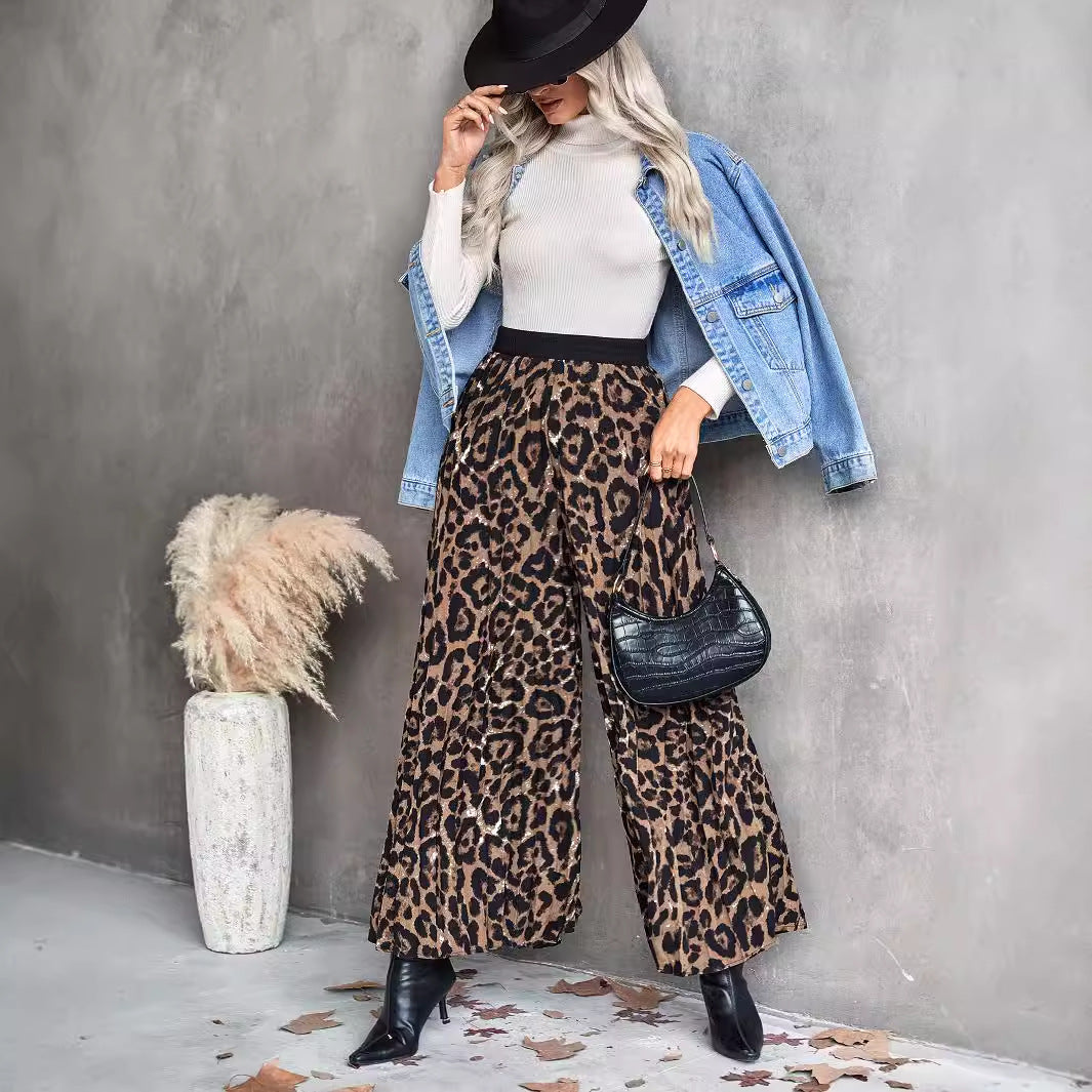 Damen Palazzo-Hose Elastischer Bund Animalmuster Schwarz - Eveloria