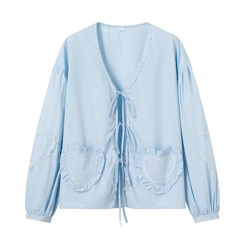 Damen Bluse mit Herz-Applikationen Rüschendetails