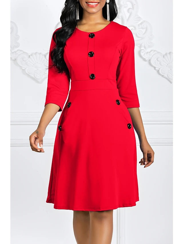 Eveloria Damen Kleid Knieumspielend 3/4-Ärmel Schmuckknöpfe