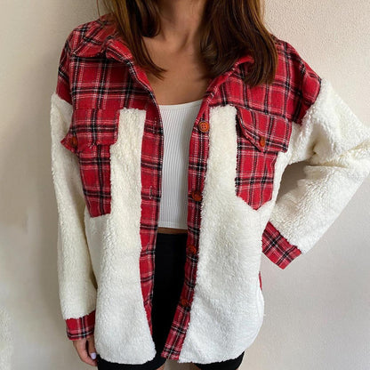 Damen Fleecejacke Karomuster Lässiger Schnitt Grau