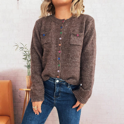 Damen Strickjacke Kuschelig Bunt Knöpfe 2 Taschen