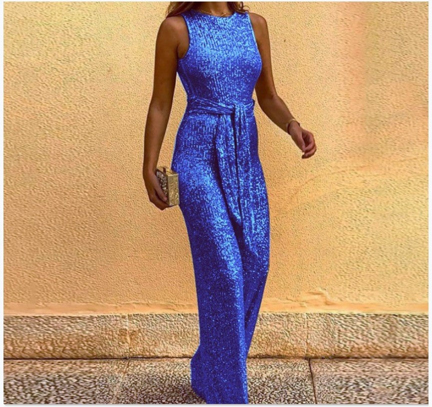 Damen Maxikleid Glänzende Pailletten Elegante Taillenbindung