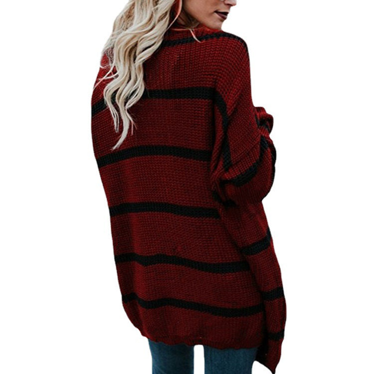 Damen Grobstrickpullover Lässige Streifenmuster