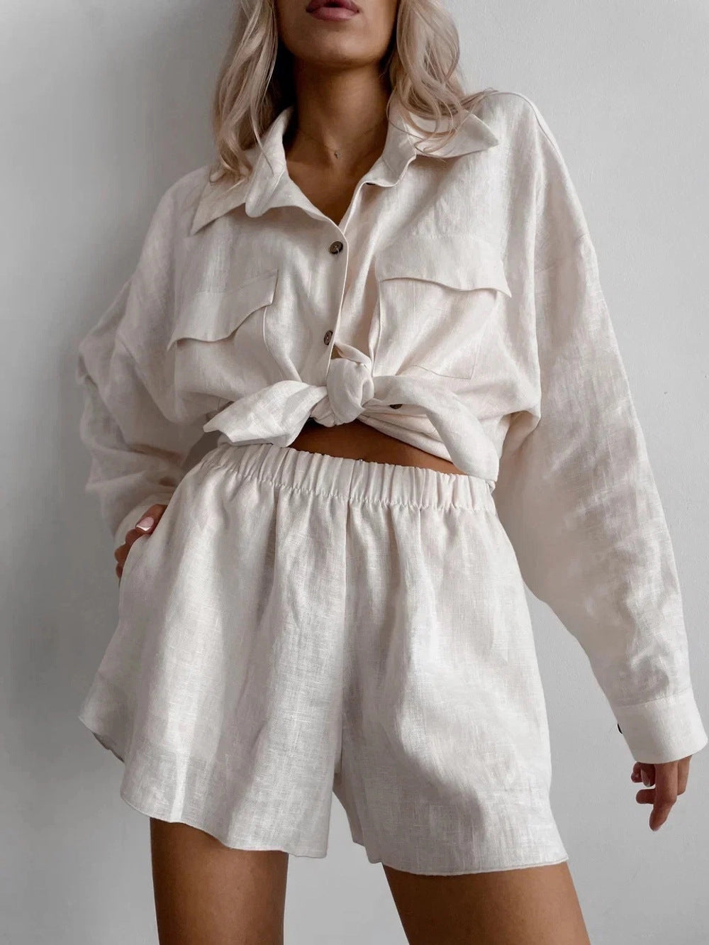 Damen Leinen-Loungewear-Set Leicht Feminin Beige