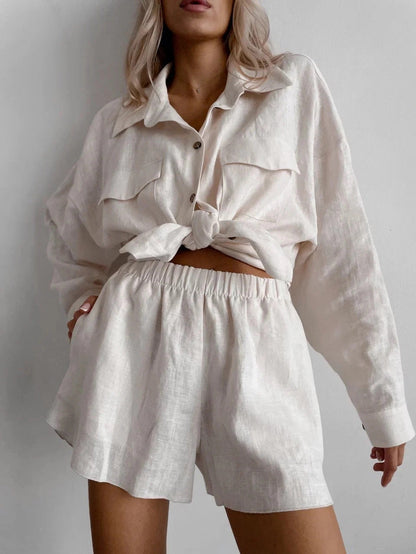 Damen Leinen-Loungewear-Set Leicht Feminin Beige