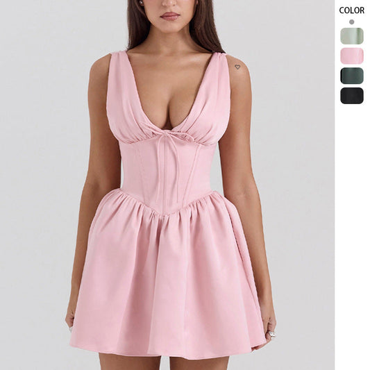 Damen Minikleid Raffungsausschnitt Verspielt Rosa - Eveloria