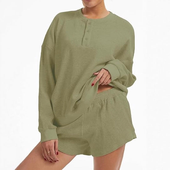 Damen Oversized Pullover Shorts Set Baumwolle Beige
