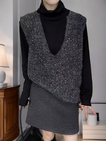 Damen Strickweste V-Ausschnitt Kreativer Schnitt Eveloria