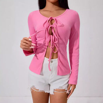 Damen Oberteil Langärmlig Schnürdesign Rosa - Eveloria
