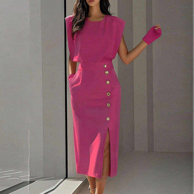 Damen Elegantes Midi-Kleid Knöpfe Seitenschlitz Eveloria