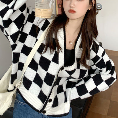 Damen Grobstrickjacke Karomuster Bequem Knöpfe Braun