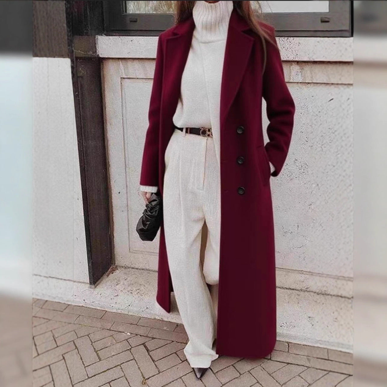 Damen Wollmantel Doppelknopfleiste Tiefen Taschen Eveloria