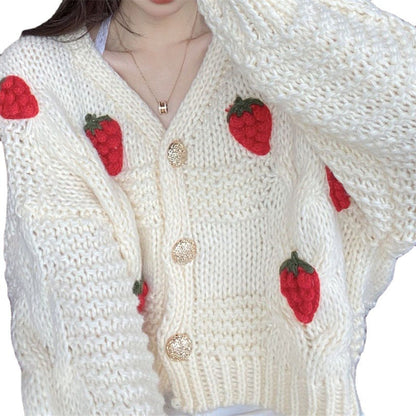 Damen Grobstrickjacke Blumenapplikationen Goldknöpfe Eveloria