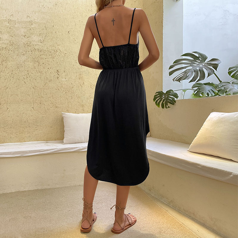 Damen Midi-Kleid Spitzendetails Spaghettiträger Eveloria
