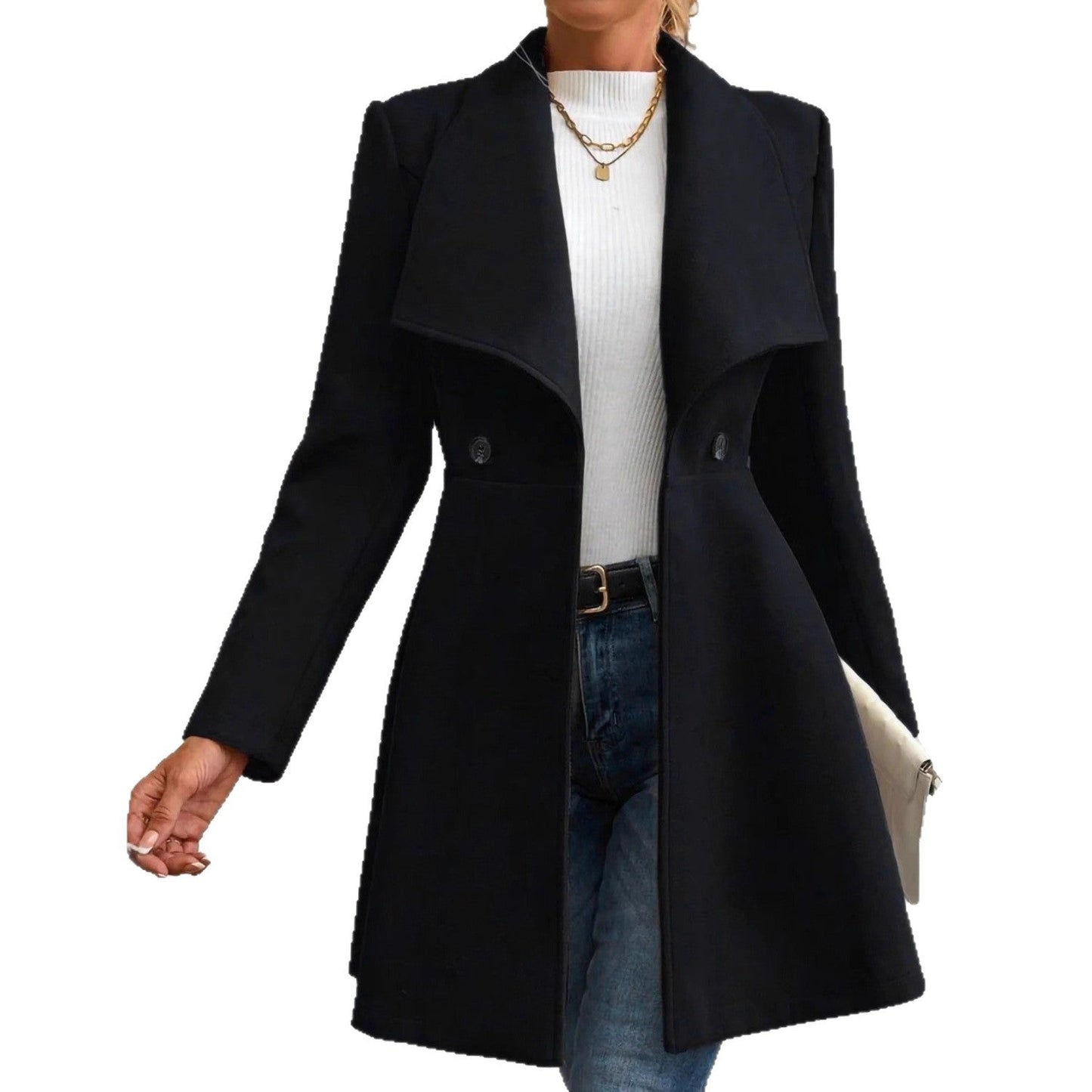 Damen Wollmantel Eleganter Revers Doppelter Knopf Eveloria