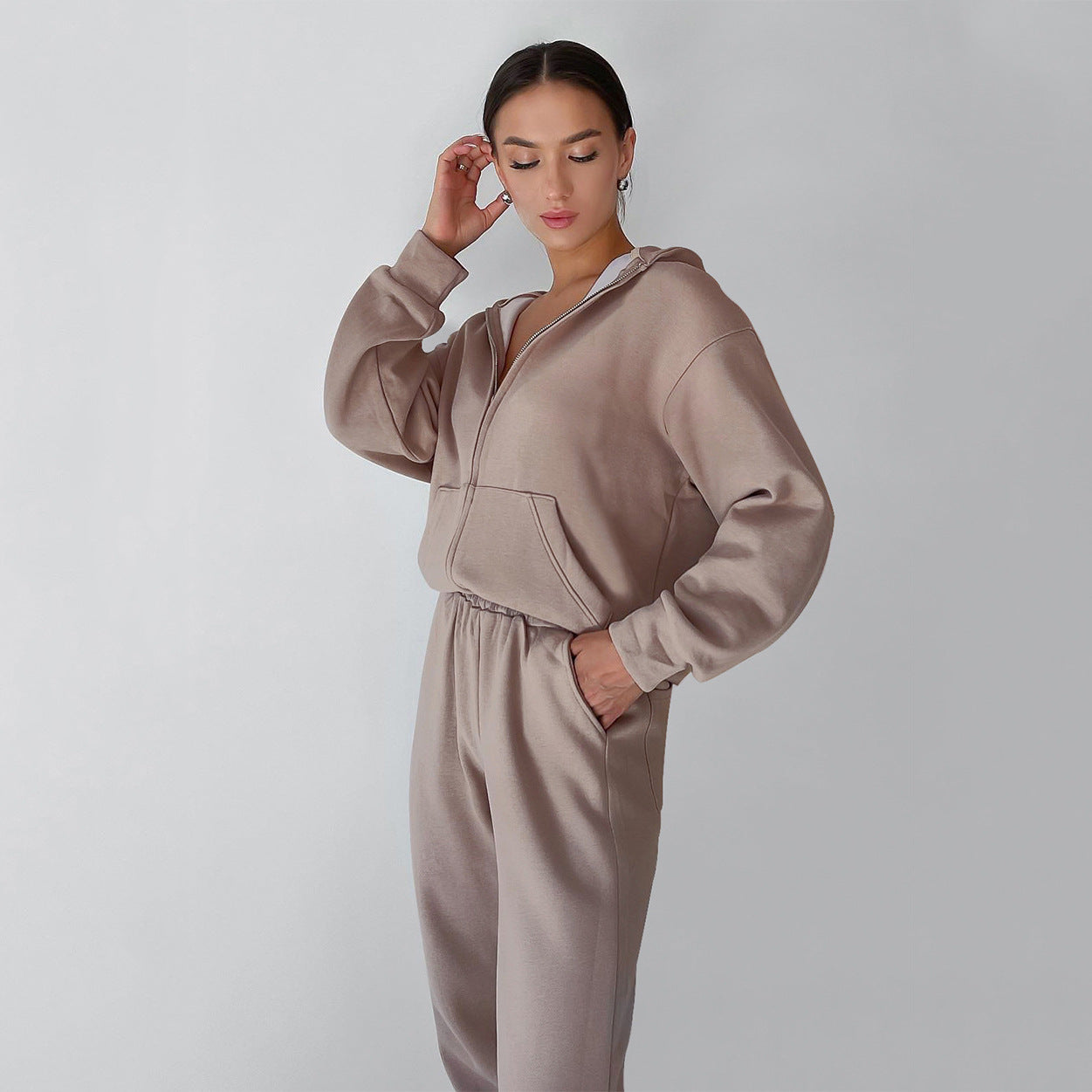 Damen Fleece-Jumpsuit Reißverschluss Bequem Grau Eveloria