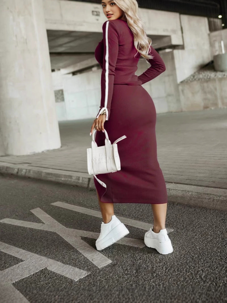 Damen Strickkleid Mit Seitenschlitz Kontraststreifen Elegantes Design