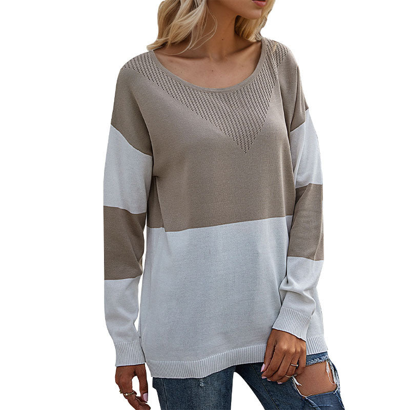 Damen Strickpullover Modernes Blockdesign Rundhals Beige
