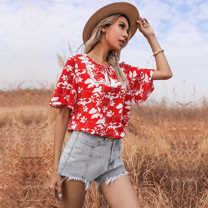 Damen Bluse Florales Muster V-Ausschnitt Elegante Bluse