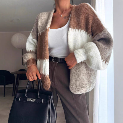 Damen Strickjacke Modernes Blockmuster Beige Eveloria