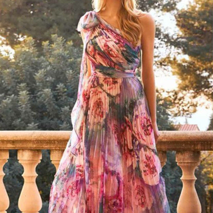 Damen Schulterfreies Maxikleid Floralmuster Faltenrock