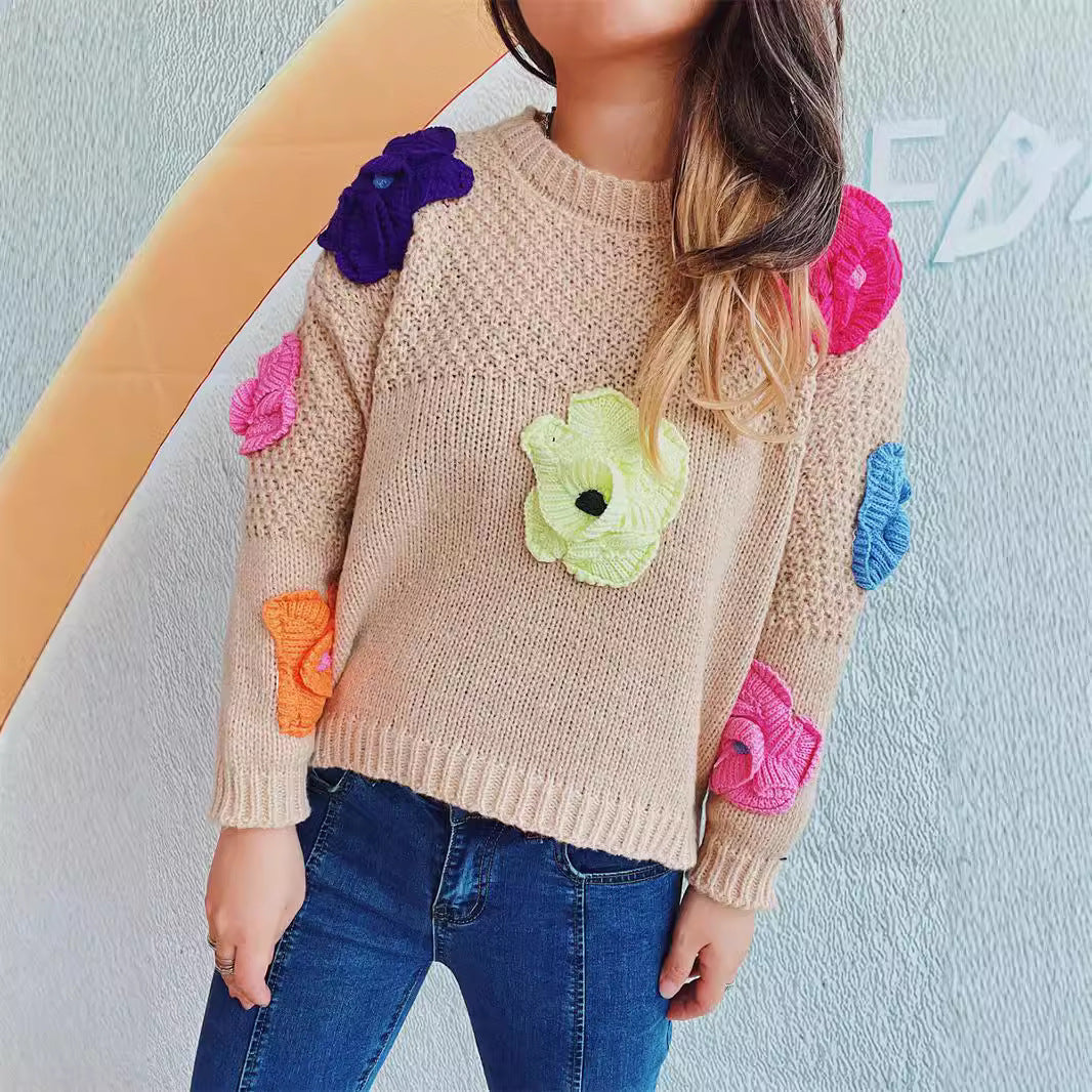 Damen Pullover Bunt Blumenapplikationen Eveloria