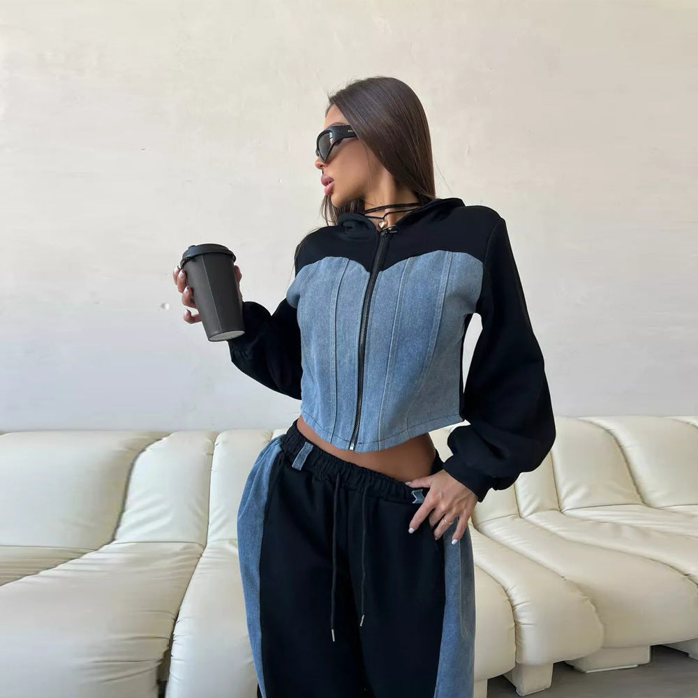 Damen Cropped Sweatjacke Jogginghose Set Ärmel Ballonform Schwarz - Eveloria