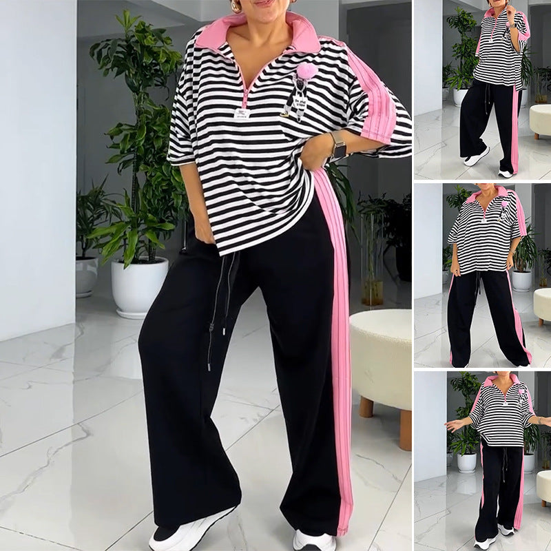 Damen Freizeitset mit Streifen Oberteil und Jogginghosen - Eveloria