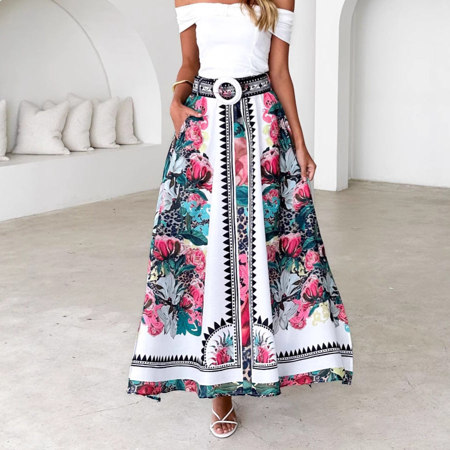 Damen Maxirock Floral Mit Gürtel Eveloria