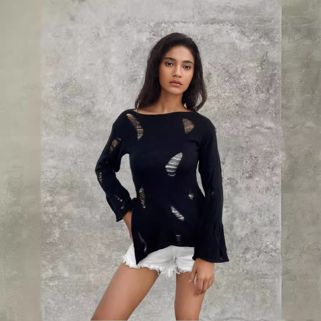 Damen Rippstrickpullover Distressed Details Grau Eveloria