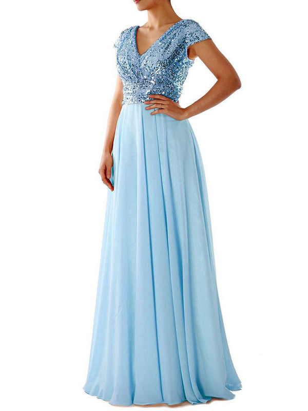 Damen Maxi Kleid V-Ausschnitt Paillette Chiffon Paneel