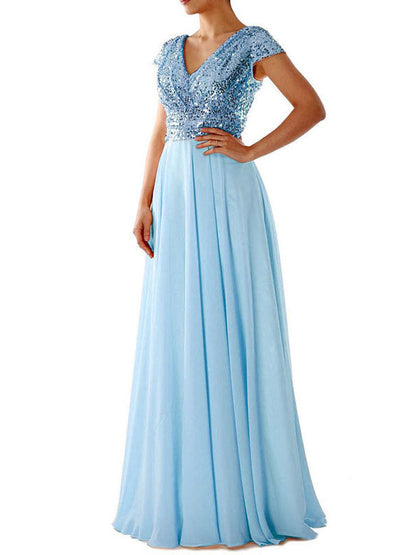 Damen Maxi Kleid V-Ausschnitt Paillette Chiffon Paneel