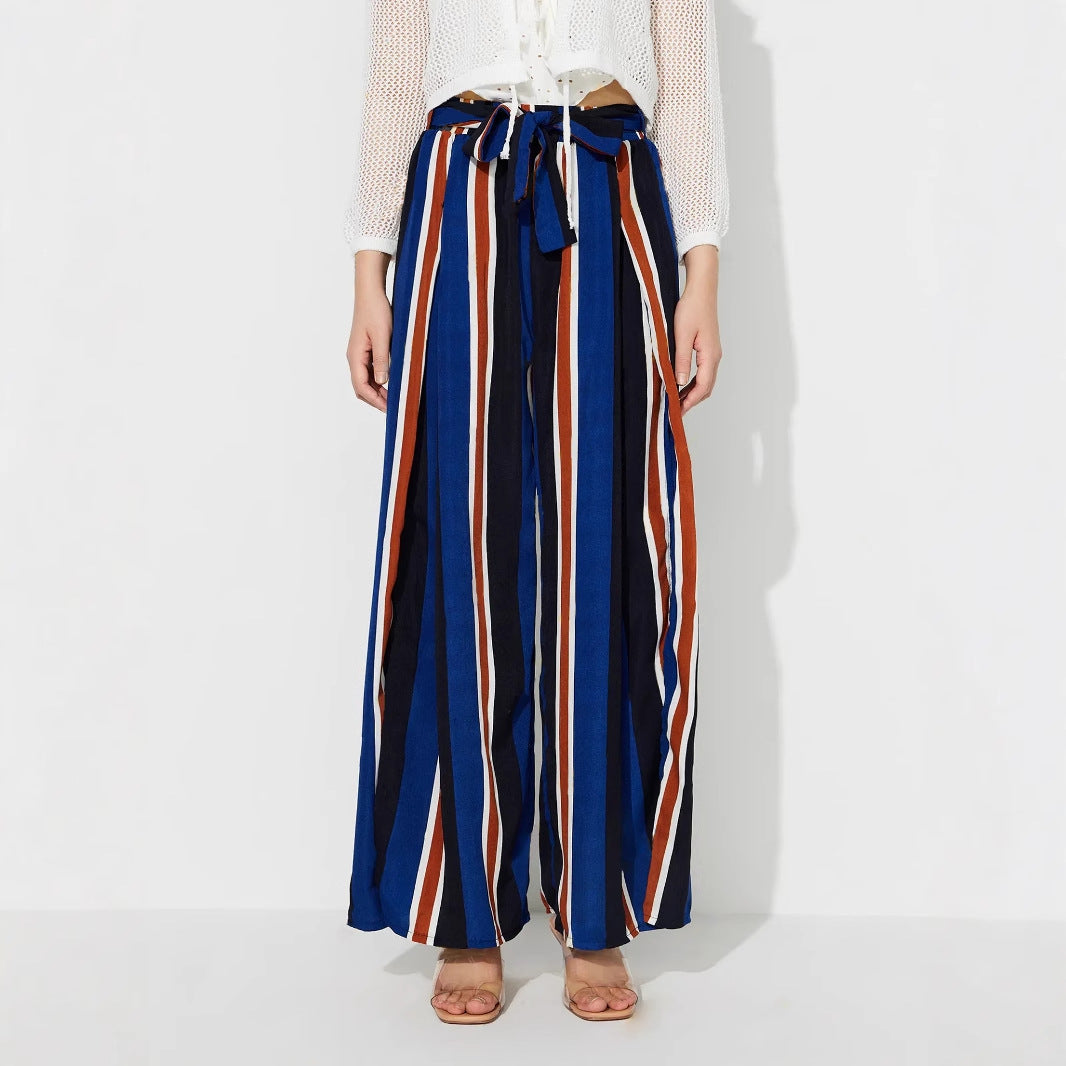 Damen Palazzo-Hose mit Bindegürtel Streifenmuster Schwarz - Eveloria