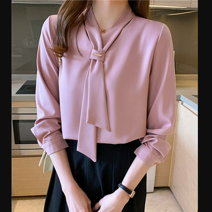Damen Bluse Seidenfinish Eleganter Schlaufenkragen