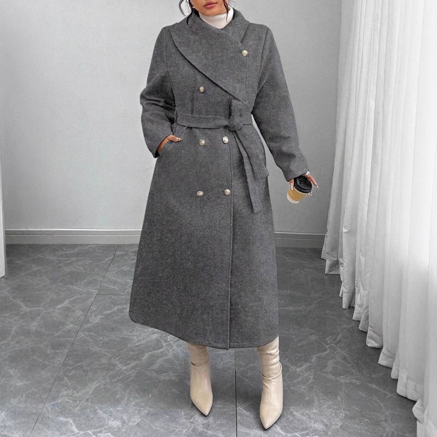 Damen Wollmantel Elegant Doppelter Knopfleiste Gürtel Eveloria