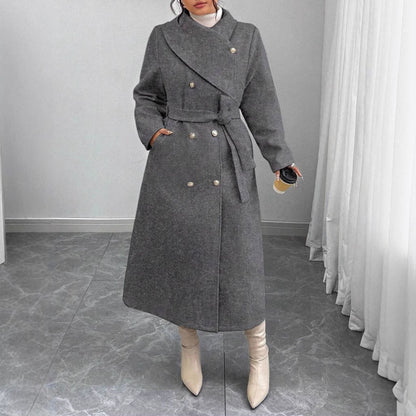 Damen Wollmantel Elegant Doppelter Knopfleiste Gürtel Eveloria