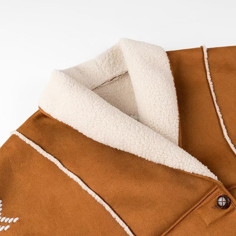 Damen Teddyjacke Warm mit Stickereien Braun